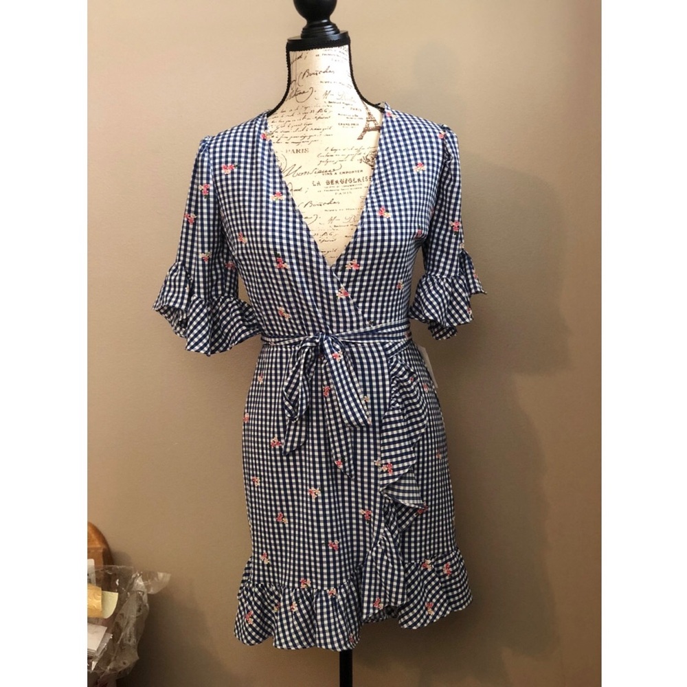 Blue gingham floral wrap dress